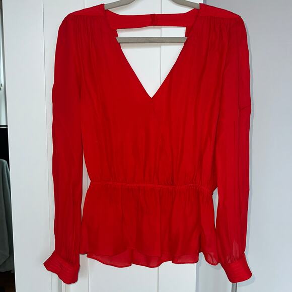 Parker 100% Silk Red V-Neck Long Sleeve Peplum Blouse, Open Back, Size M, EUC - Picture 1 of 7